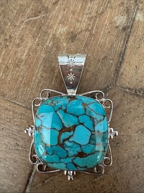 Turquoise Matrix Silver Pendant  - Blue Turquoise